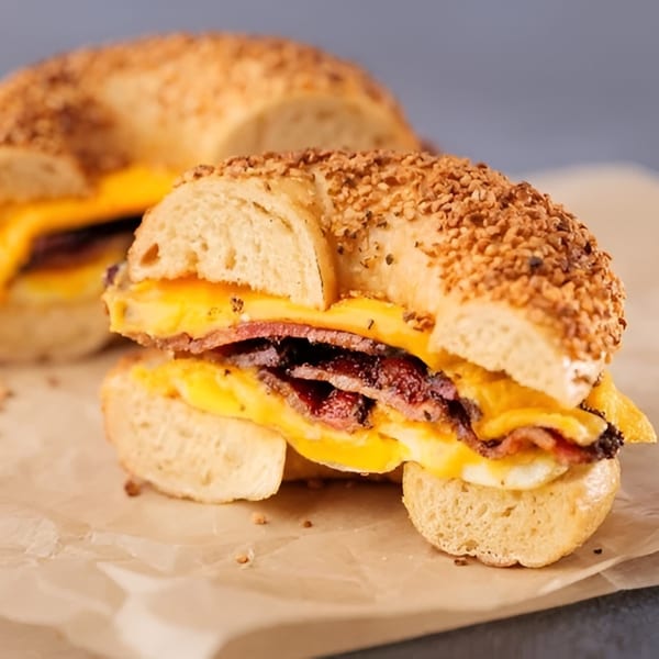 A close-up of a bagel sandwich from The Dough Miner, filled with bacon, egg, and cheese.