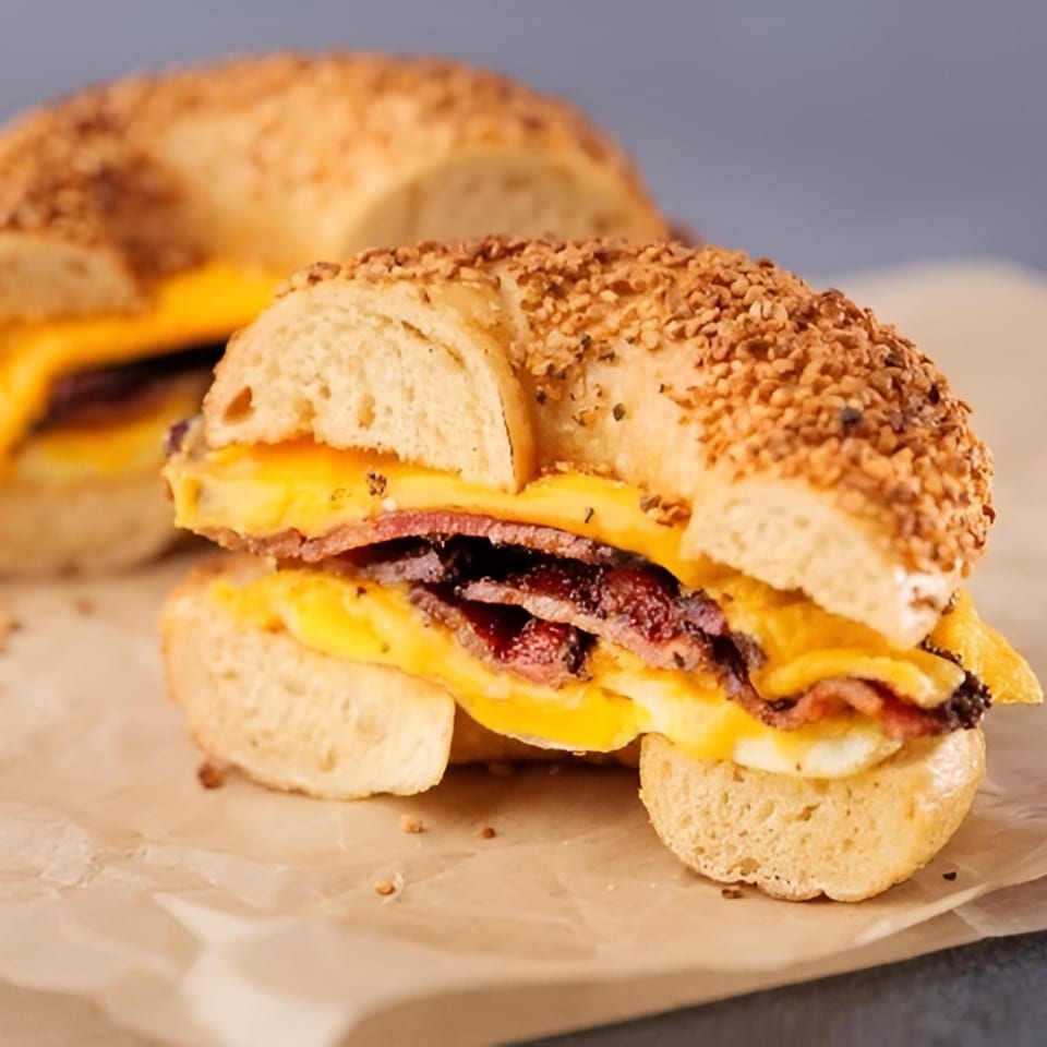 A close-up of a bagel sandwich from The Dough Miner, filled with bacon, egg, and cheese.